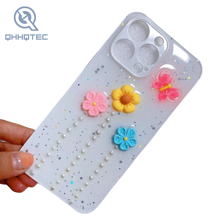flowers butterfly 3d with pearl decoration expoxy case for iphone