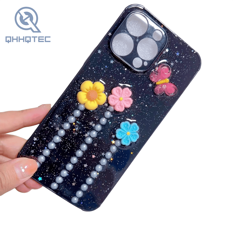 flowers butterfly 3d with pearl decoration expoxy case for iphone