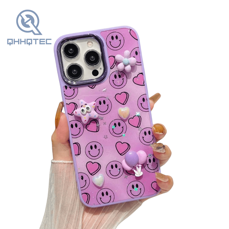cute pattern glass phone case for iphone with 3d decoration