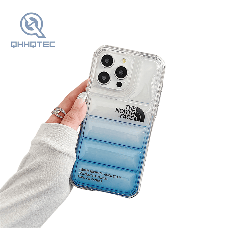 2 in 1 transparent gradient color down filled garment phone case for iphone customizable logo