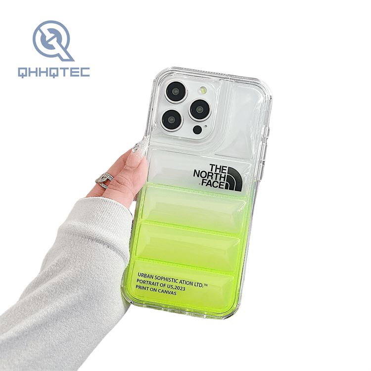 2 in 1 transparent gradient color down filled garment phone case for iphone customizable logo