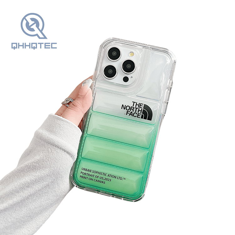 2 in 1 transparent gradient color down filled garment phone case for iphone customizable logo