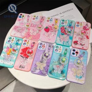 pink bow with hanging chain phone case for iphone 14 pro max