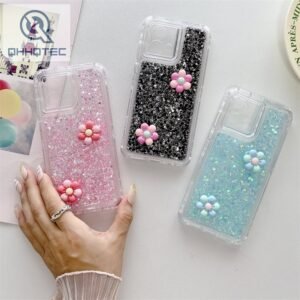 cute flower 3 in 1 tpu+pc transparent phone case drip glitter