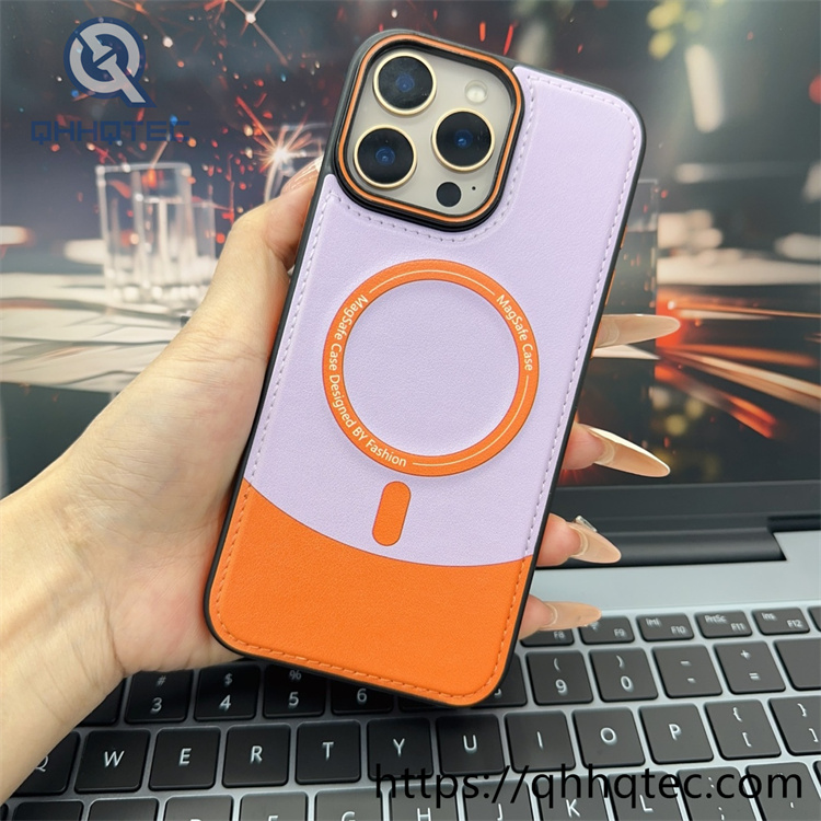 patch leather blocking color magsafe case