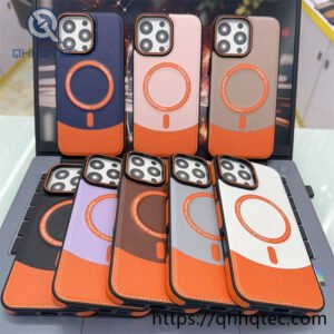 patch leather blocking color magsafe case
