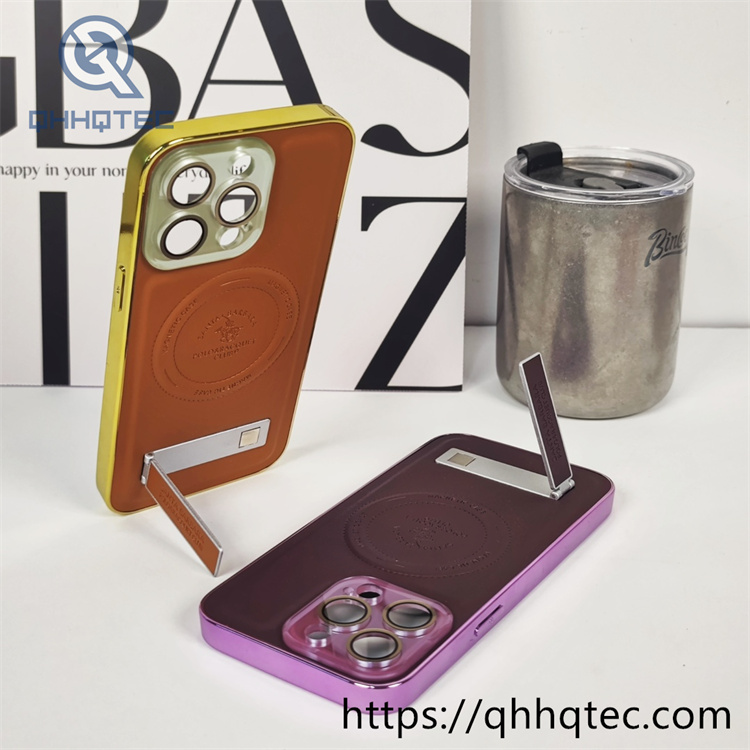 electroplating leather original color magnetic charging phone case with stand