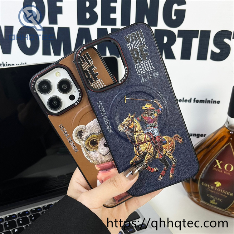 side leather imitation embroidery animal magnetic phone case