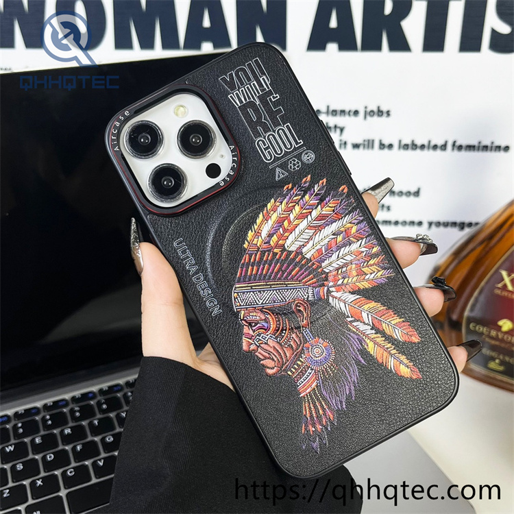 side leather imitation embroidery animal magnetic phone case