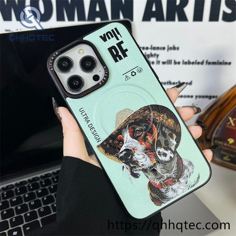 side leather imitation embroidery animal magnetic phone case