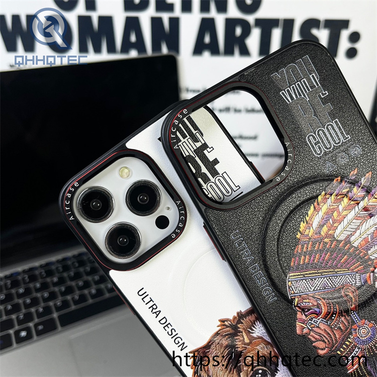 side leather imitation embroidery animal magnetic phone case