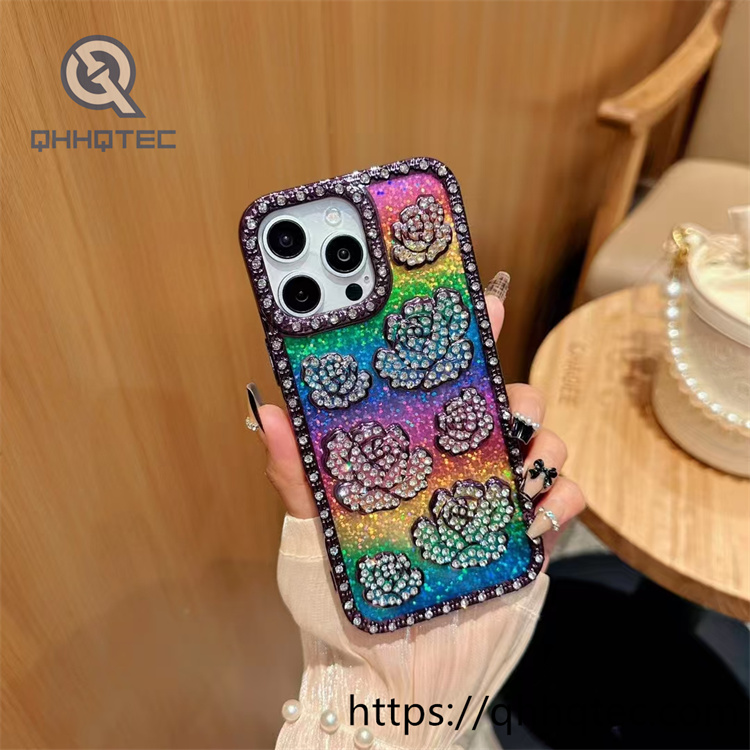 rainbow color 3d rose diamond phone case