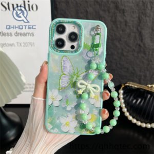 colorful butterfly glue glitter phone case with built in bracelet