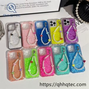 3 in 1 epoxy flash diamond hole camera frame phone case with bracelet