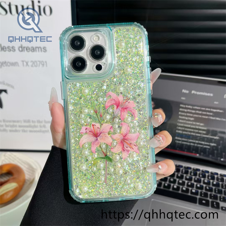 full sequins 3 in 1 flowers phone case pearl decoration