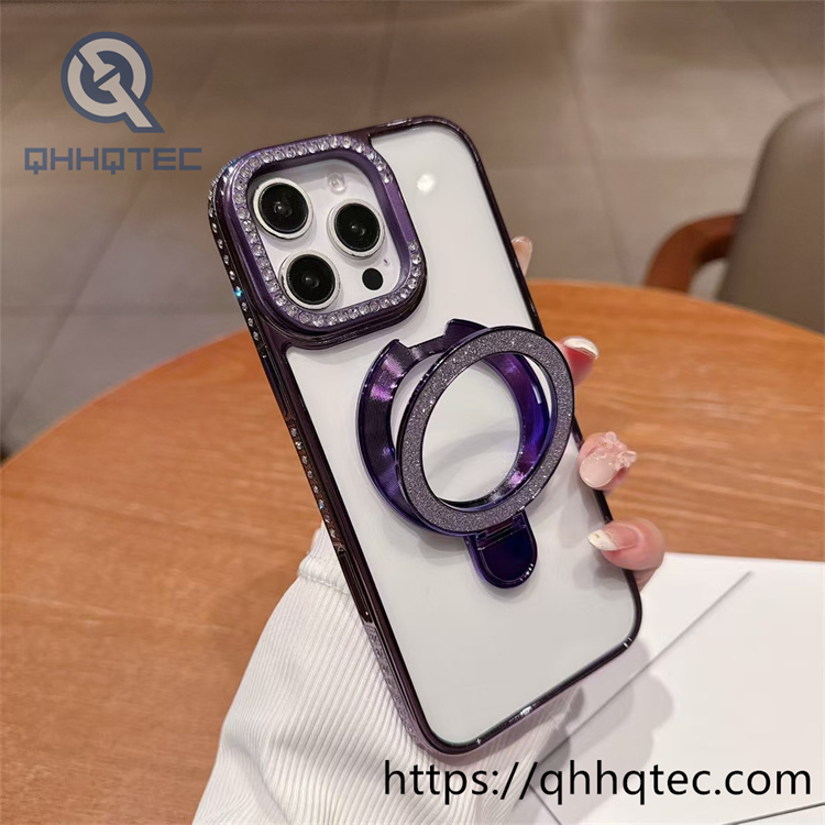 clear magnetic diamon phone case with double metal popsocket