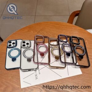 clear magnetic diamon phone case with double metal popsocket