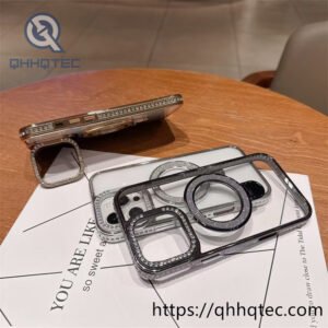 clear magnetic diamon phone case with double metal popsocket