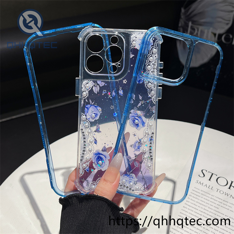 3 in 1,360 protect case,pearl decoration,flowers case,Floral lace pattern,len protect,transparent solid color