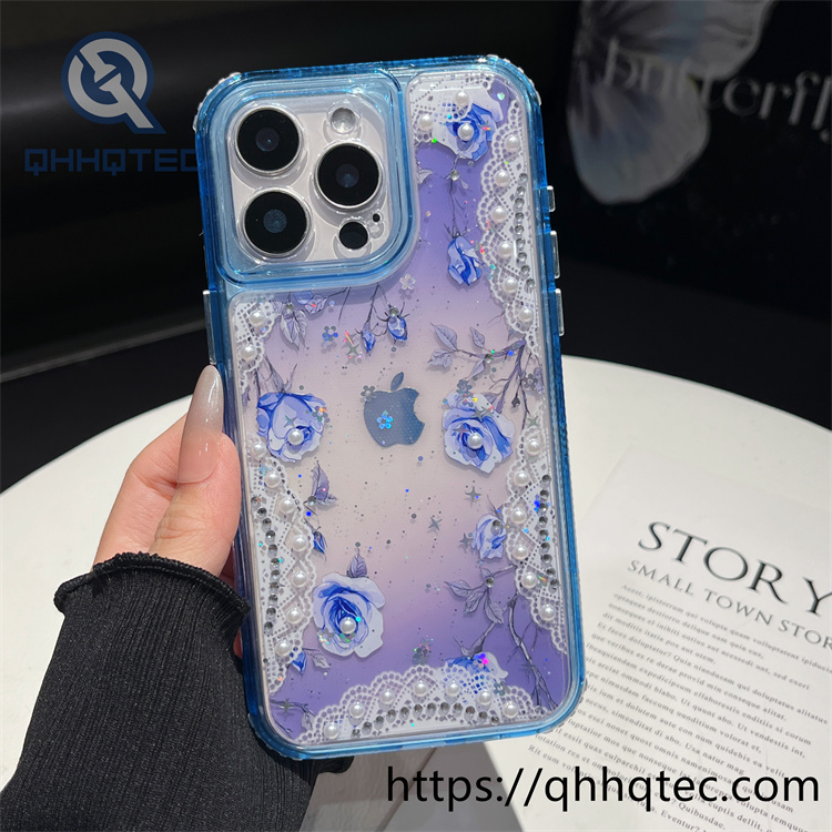 3 in 1,360 protect case,pearl decoration,flowers case,Floral lace pattern,len protect,transparent solid color