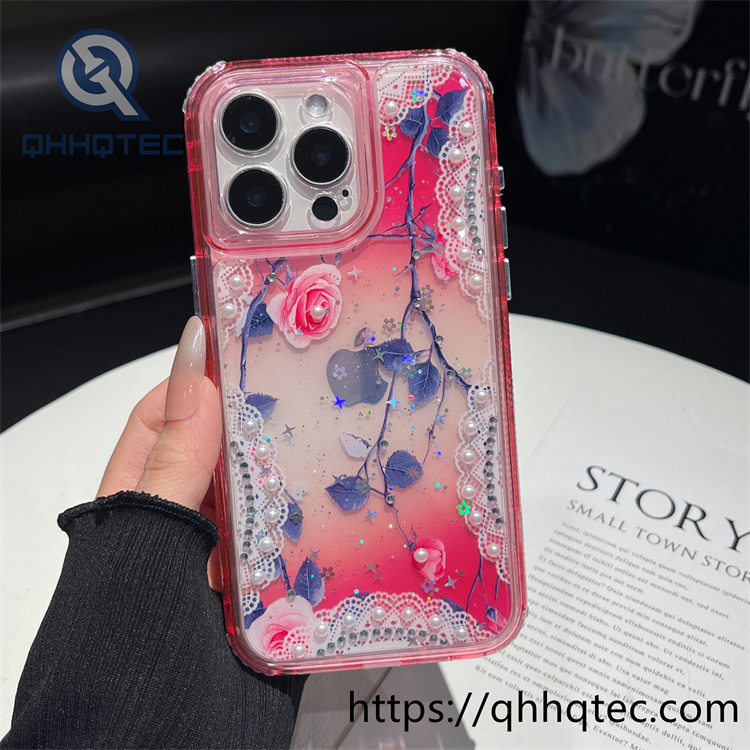 3 in 1,360 protect case,pearl decoration,flowers case,Floral lace pattern,len protect,transparent solid color