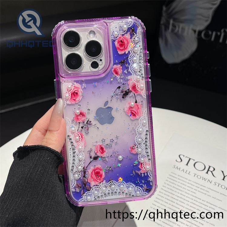 3 in 1,360 protect case,pearl decoration,flowers case,Floral lace pattern,len protect,transparent solid color