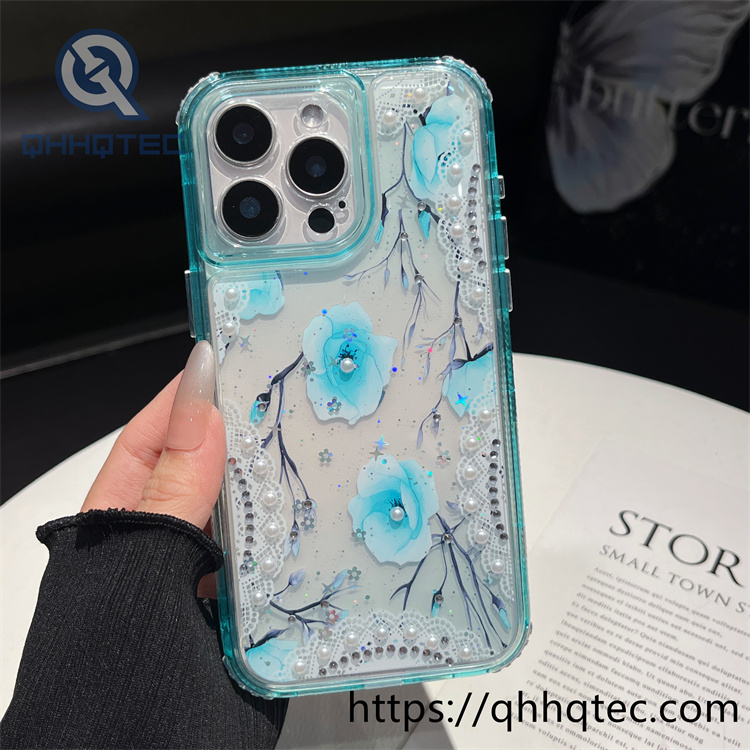 3 in 1,360 protect case,pearl decoration,flowers case,Floral lace pattern,len protect,transparent solid color