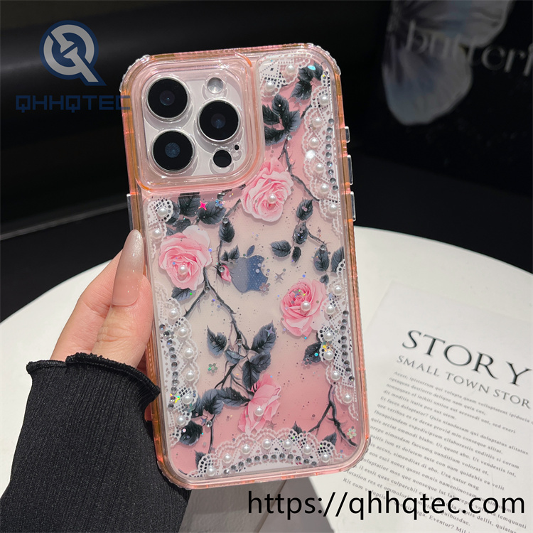 3 in 1,360 protect case,pearl decoration,flowers case,Floral lace pattern,len protect,transparent solid color