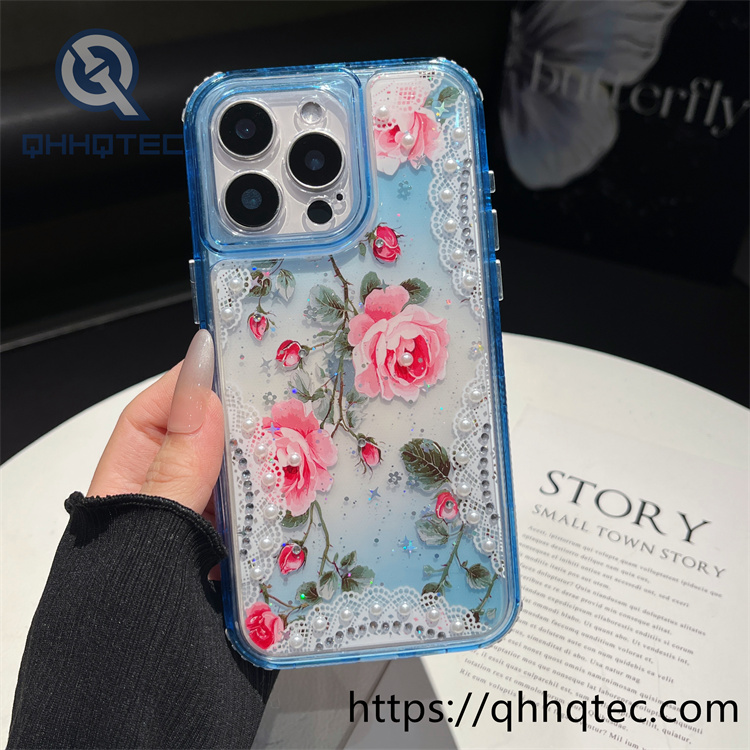 3 in 1,360 protect case,pearl decoration,flowers case,Floral lace pattern,len protect,transparent solid color