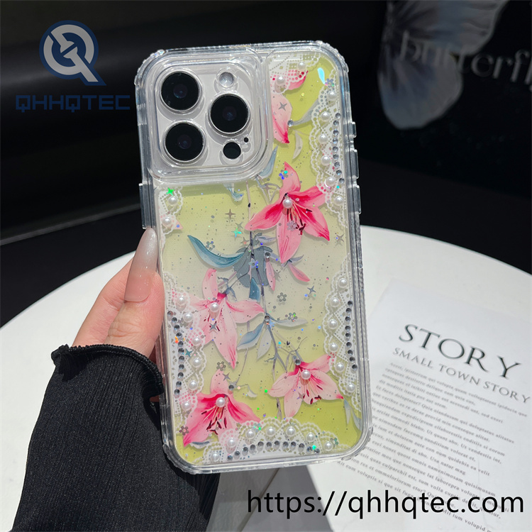 3 in 1,360 protect case,pearl decoration,flowers case,Floral lace pattern,len protect,transparent solid color