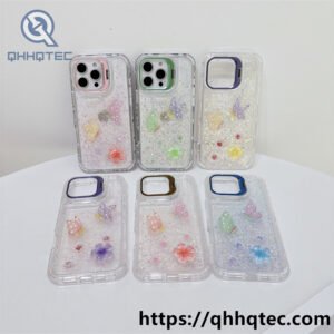 colorful stand,metal stand,dripping 3 in 1 case,white sequins,flowers ornament,anti-drop corner,clear shiny,transparent frame
