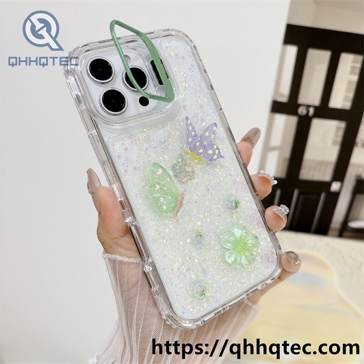 colorful stand,metal stand,dripping 3 in 1 case,white sequins,flowers ornament,anti-drop corner,clear shiny,transparent frame