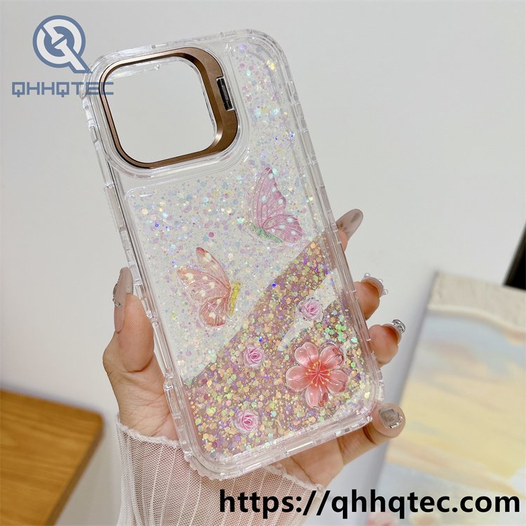 colorful stand,metal stand,dripping 3 in 1 case,white sequins,flowers ornament,anti-drop corner,clear shiny,transparent frame