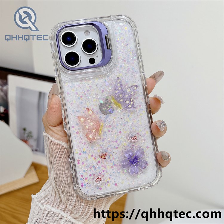 colorful stand,metal stand,dripping 3 in 1 case,white sequins,flowers ornament,anti-drop corner,clear shiny,transparent frame