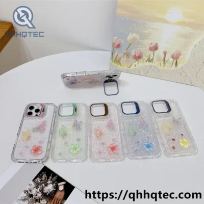 colorful stand,metal stand,dripping 3 in 1 case,white sequins,flowers ornament,anti-drop corner,clear shiny,transparent frame
