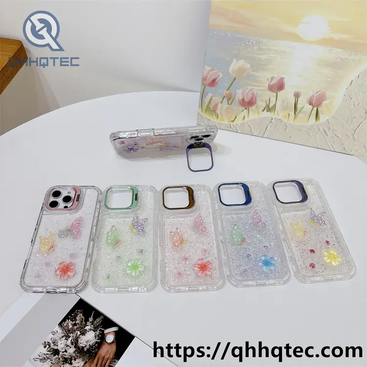 colorful stand,metal stand,dripping 3 in 1 case,white sequins,flowers ornament,anti-drop corner,clear shiny,transparent frame