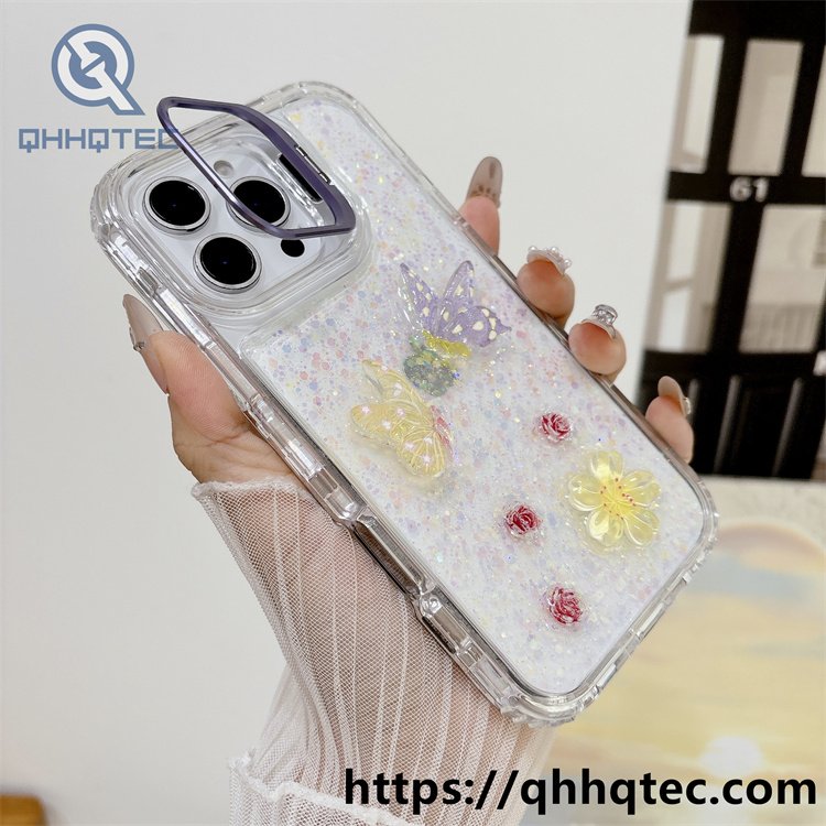 colorful stand,metal stand,dripping 3 in 1 case,white sequins,flowers ornament,anti-drop corner,clear shiny,transparent frame