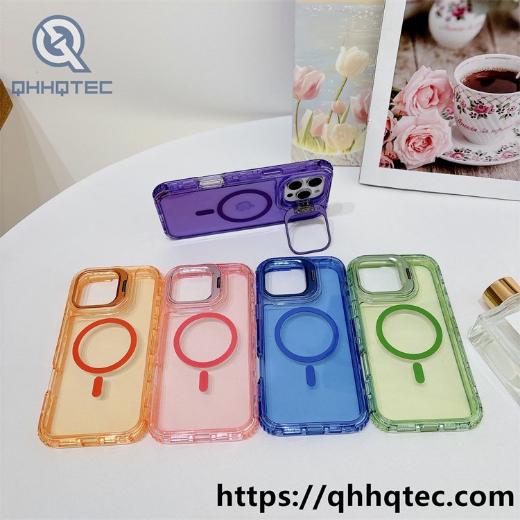 colorful stand,metal stand,3 in 1 phone case,same color magnetic ring,detachable case,dyeing colors frame,anti-fall corner