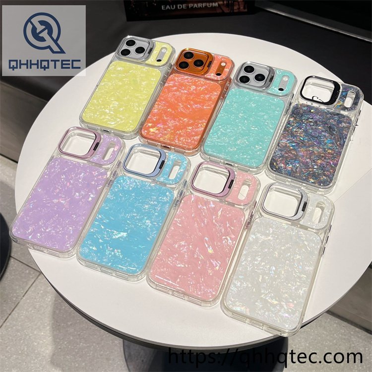 wholesale pearl shell lens stand case for iphone 18 pro max funda nácar soporte