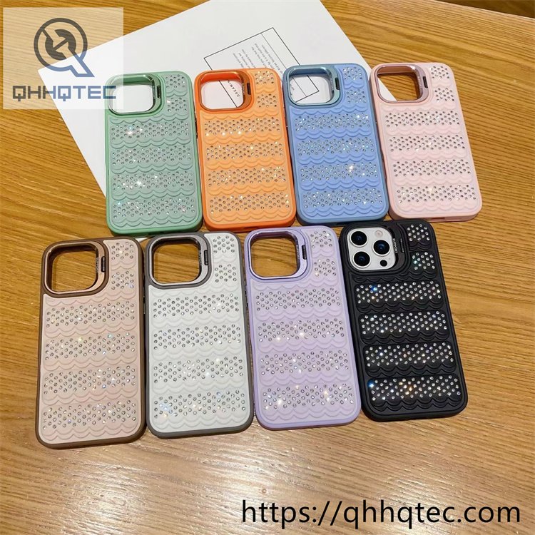wholesale rhinestone wave stand case for iphone 18 pro max funda con soporte cámara