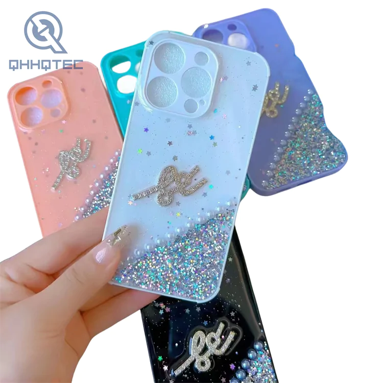 summer fresh style drip glue phone case with fine sparkle for iphone 14 pro