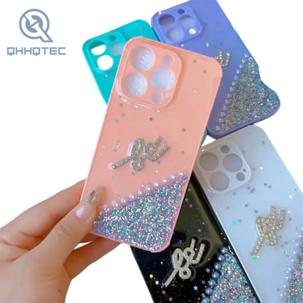 summer fresh style drip glue phone case with fine sparkle for iphone 14 pro