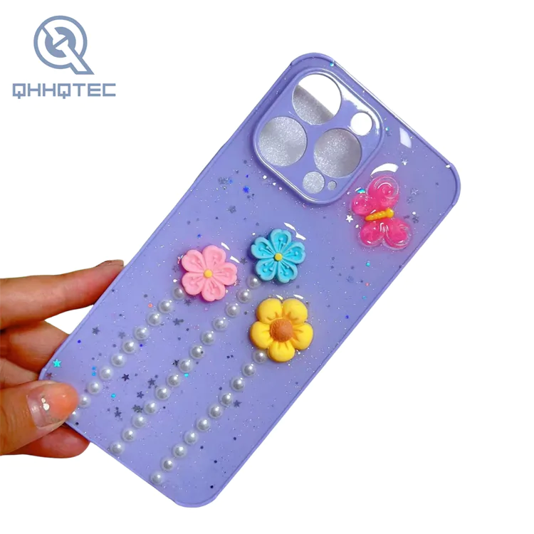 flowers butterfly 3d with pearl decoration expoxy case for iphone