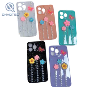 flowers butterfly 3d with pearl decoration expoxy case for iphone