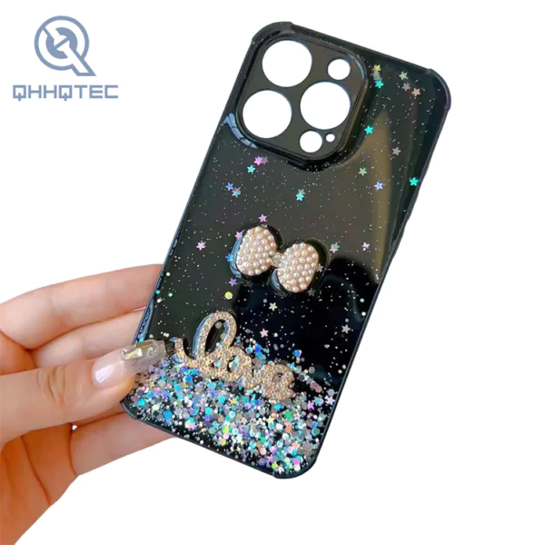 cubic pearl bow tie and love decoration translucent protection case for iphone