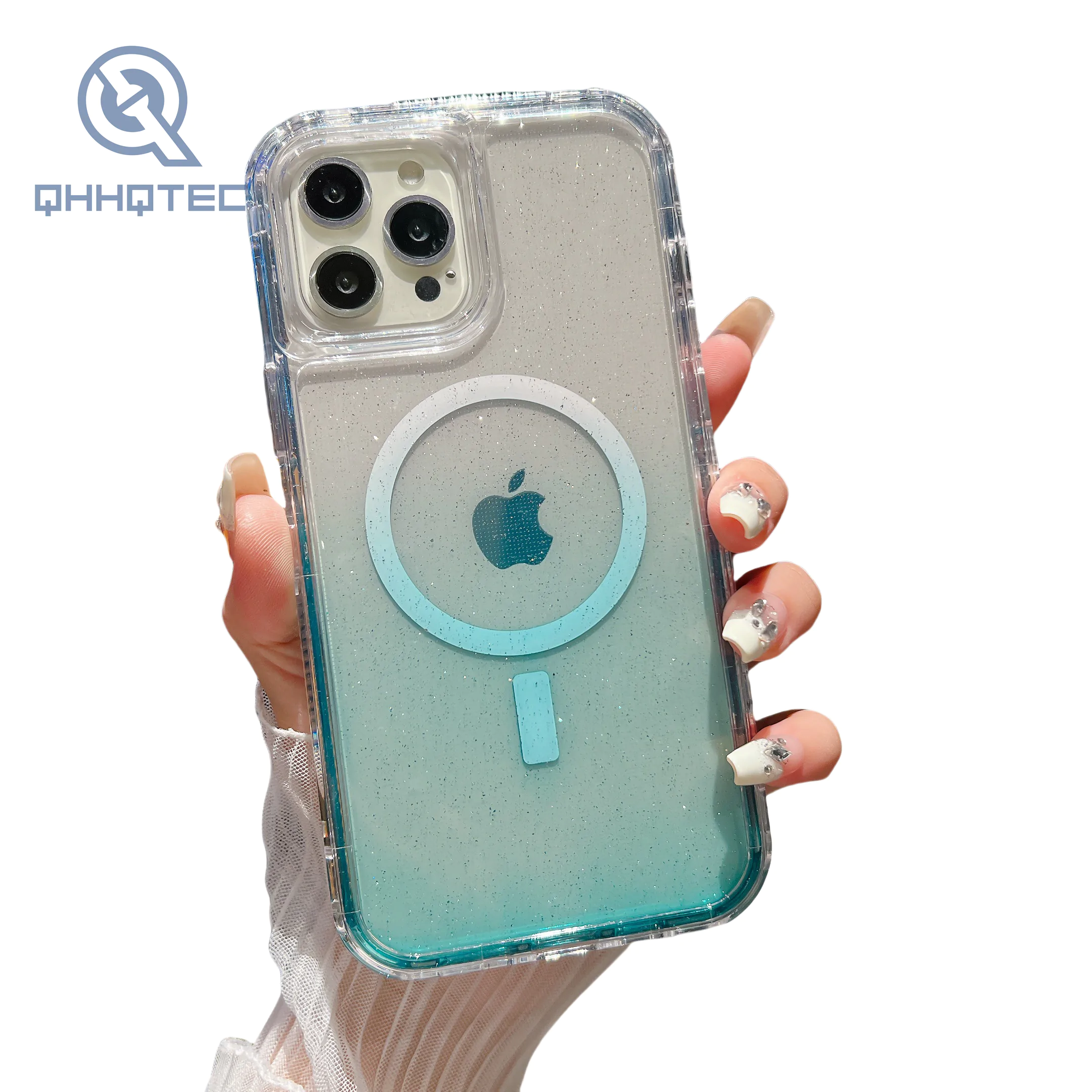 magnetic wirelss charging gradient sequin color 3 in 1 phone cases for iphone 15 pro max
