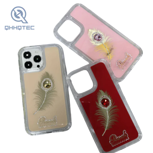 three in one high quality diamond feather accessory phone case for iphone 14 pro max