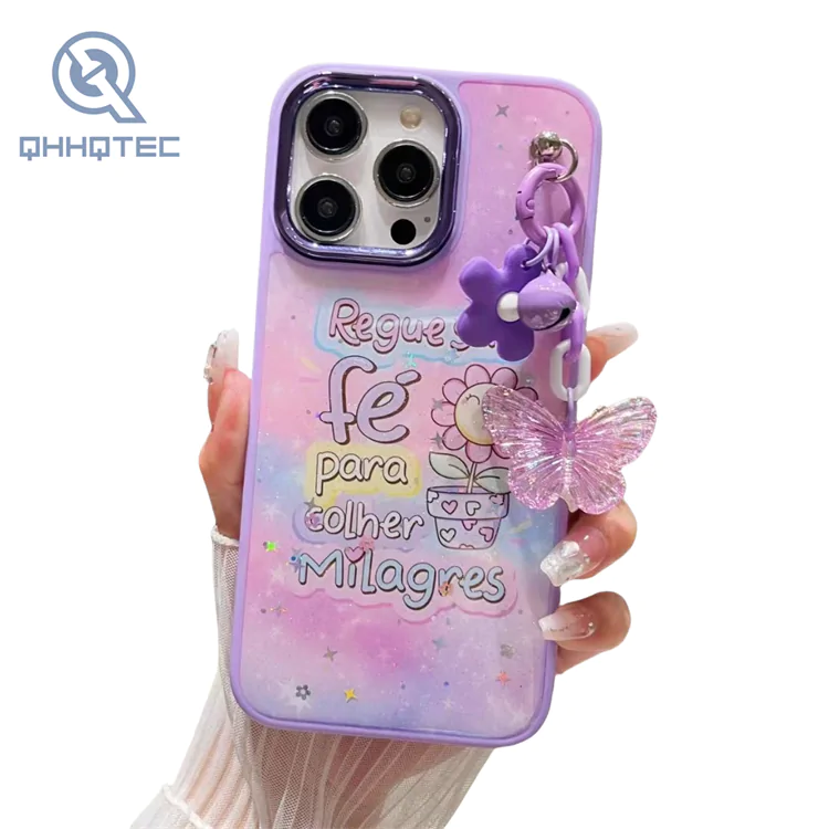 customized cartoon glitter with pendant phone cases for iphone 15 pro