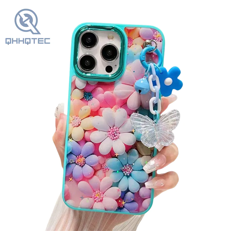 customized cartoon glitter with pendant phone cases for iphone 15 pro