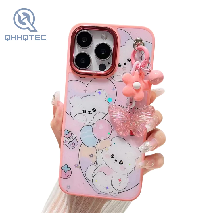customized cartoon glitter with pendant phone cases for iphone 15 pro